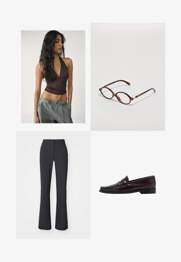 Top halter marrone con scollatura a V profonda e tessuto arricciato sul busto, abbinato a pantaloni cargo larghi grigio chiaro con lacci regolabili in vita.; Weekday SUITING - Pantaloni - dark grey; Mocassino da uomo in pelle marrone scuro con suola nera e dettaglio di cucitura lungo la punta, mostrato in profilo laterale.; Occhiali da vista in tartaruga con montatura ovale, lenti trasparenti e dettagli dorati. Presentano tempie curve e una finitura liscia e lucida.; Borsa in pelle marrone con due manici lunghi, forma rettangolare strutturata, superficie liscia e angoli arrotondati. Presenta dettagli di accentuazione sui manici.