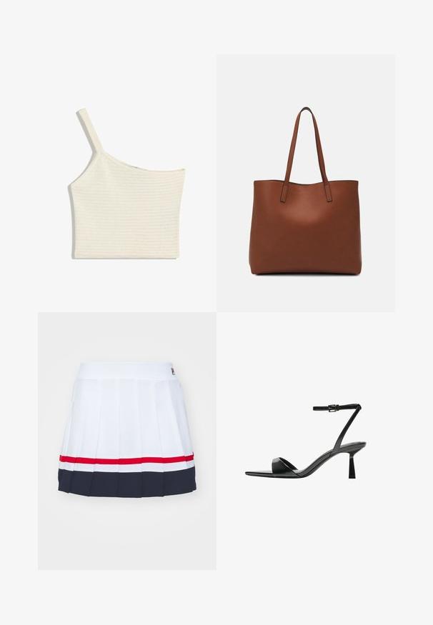 White, one-shoulder crop top made of textured knit fabric. Features a single strap and a straight hem, with subtle ribbed detailing.; White pleated skirt with a wide waistband, featuring red and navy stripes along the hem. Made from lightweight fabric.; Bershka High heeled sandals - black; Brown leather tote bag with a smooth texture, open top design, and two shoulder straps. Features minimal stitching and no visible hardware.