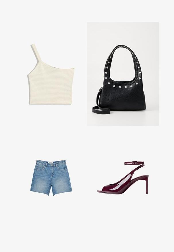 Weißes, einseitiges Crop-Top aus strukturiertem Strickstoff. Verfügt über einen einzelnen Träger und einen geraden Saum, mit dezenten gerippten Details.; Hellblaue Denim-Shorts mit geradem Schnitt, fransigem Saum, fünf Taschen und einem Markenetikett am Bund. Gleichmäßige Wäsche und robustes Material.; Burgunderfarbene Lackleder-Peeptoe-Highheelsandale mit Knöchelriemen und schlanker Silhouette. Der glänzende Finish verstärkt die visuelle Anziehung.; Schwarze, strukturierte Lederhandtasche mit silbernen Nieten entlang der Oberkante und der Griffe, ausgestattet mit einem kurzen Griff und einem abnehmbaren Schulterriemen.