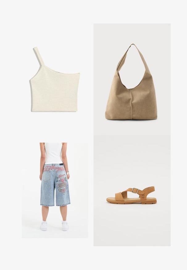 White, one-shoulder crop top made of textured knit fabric. Features a single strap and a straight hem, with subtle ribbed detailing.; Light blue denim shorts with a loose fit, featuring colorful embroidered tiger graphics and text on the back, finished with rolled hems.; Brown leather sandal with a buckle, open toe, and footbed cushioning. Features a flexible rubber sole and embossed logo detail.; Hobo bag in soft beige suede with a slouchy shape, wide shoulder strap, and a hand-stitched seam detail along the front.