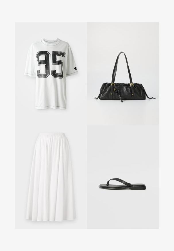 Hvit T-skjorte med korte ermer og stort slitt svart tall "95" på forsiden, samt en liten svart swoosh-logo på venstre erme.; Hvit, knelang skjørt laget av lett materiale, med elastisk midje og en svakt utsvingende, plisserte design.; Sorte flip-flop laget av glatt lær, med en tynn stroppdesign og en flat såle med et minimalistisk utseende. Ingen bemerkelsesverdige mønstre eller aksenter.; Svart lærveske med rynket topp, to skulderstropper, gullfarget hardware og en sentral sirkulær detalj. Glatt tekstur, kompakt form.