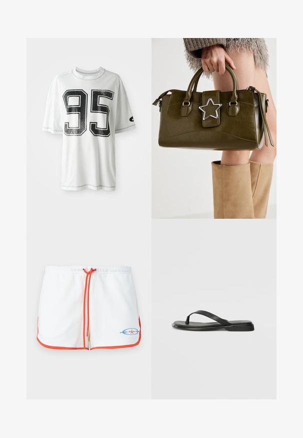 Witte T-shirt met korte mouwen, voorzien van een groot versleten zwart nummer "95" op de voorkant en een klein zwart swoosh-logo op de linker mouw.; Witte shorts met een oranje trekkoord en details. Voorzien van een grafisch logo in blauw en rood. Zacht materiaal met een casual ontwerp.; Zwarte teenflip-flop van glad leer, met een dunne band en een platte zool met een minimalistisch profiel. Geen opvallende patronen of accenten.; Olijf groen neplederen handtas met zilveren steraccent, dubbele handvatten en een ritssluiting. Gelaagd oppervlak en gestructureerde vorm.