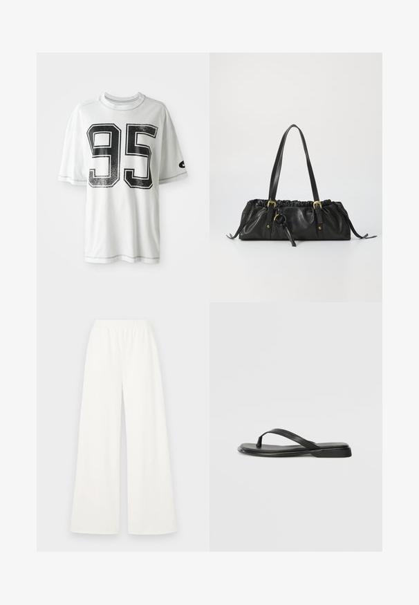 Hvit T-skjorte med korte ermer og stort slitt svart tall "95" på forsiden, samt en liten svart swoosh-logo på venstre erme.; Vide bened pants i lett, mykt hvitt stoff. Har en elastisk midje for komfort og en jevn tekstur uten synlige mønstre.; Sorte flip-flop laget av glatt lær, med en tynn stroppdesign og en flat såle med et minimalistisk utseende. Ingen bemerkelsesverdige mønstre eller aksenter.; Svart lærveske med rynket topp, to skulderstropper, gullfarget hardware og en sentral sirkulær detalj. Glatt tekstur, kompakt form.
