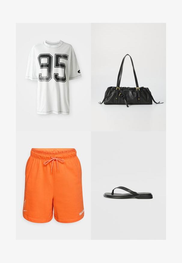 Valge lühikeste varrukatega T-särk, mille esiküljel on suur kulunud must number "95" ja vasakul varrukal väike must swoosh logo.; Oranžid puuvillased lühikesed püksid elastse vööga ja paelaga. Vasakul jalal on valge logo. Sile tekstuur ja lõdva disain.; Musta sussumood, mis on valmistatud siledast nahast. Sellel on õhuke rihma disain ja lame tald minimaalsete joontega. Mingeid silmatorkavaid mustreid või aktsente ei ole.; Must musta käekott volditud ülaosaga, kahe õlavarre rihmaga, kuldse ereduse detailidega ja keskel ringikujuline aksessuaar. Sile tekstuur, kompaktne kuju.