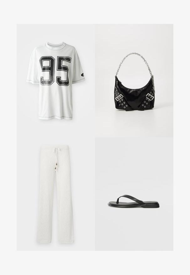 T-shirt blanc à manches courtes avec un grand numéro noir usé "95" sur le devant et un petit logo swoosh noir sur la manche gauche.; Pantalons de détente en tricot blanc avec un motif texturé, dotés d'une taille à cordon de serrage et de deux boutons décoratifs à l'avant.; Tongs noires en cuir lisse, avec un design de sangle fine et une semelle plate à profil minimal. Aucun motif ou accent notables.; Sac à main en cuir verni noir avec une poignée en chaîne argentée brillante, présentant des bandes décoratives et des œillets en métal. Forme épurée et incurvée.