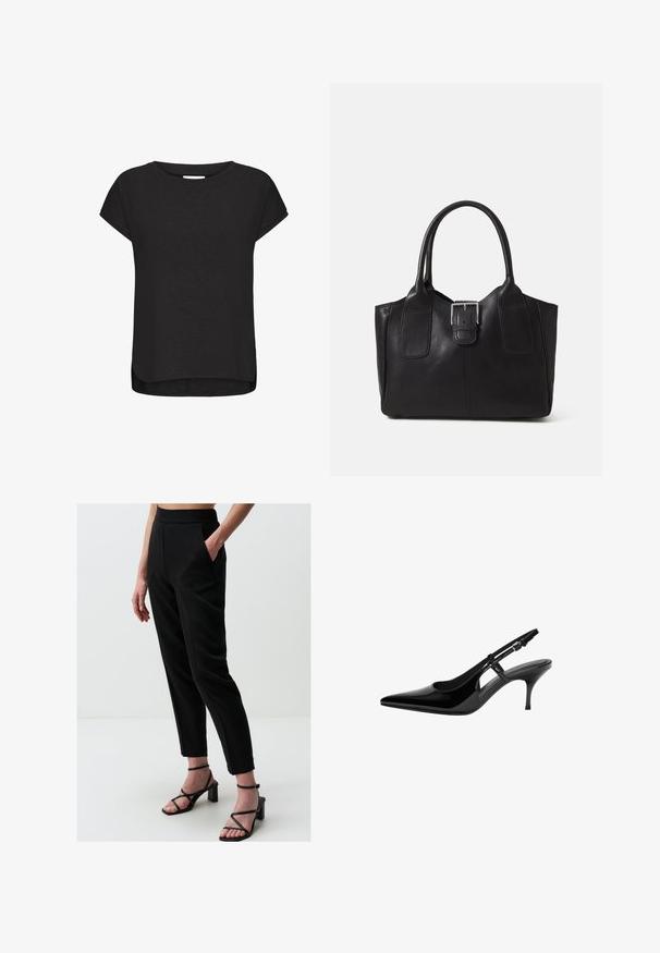 Czarna koszulka z krótkim rękawem wykonana z miękkiego materiału, z okrągłym dekoltem, lekko zaokrąglonym dołem i delikatnymi rozcięciami po bokach dla swobody ruchów.; Jimmy Key - Spodnie materiałowe; Czarne lakierowane pantofle typu slingback z wydłużonym noskiem, otwartymi bocznymi wycięciami, smukłym obcasem i regulowanym zapięciem na kostkę.; Czarna skórzana torba tote o gładkiej fakturze, usztywnionym kształcie, dwóch uchwytach oraz wyraźnym srebrnym zapięciu na przodzie.