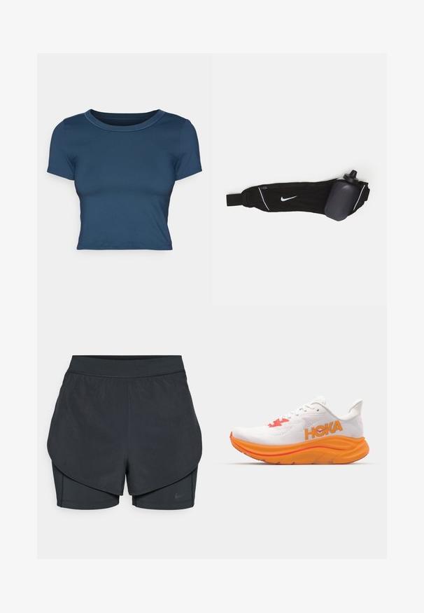 Granatowa krótka koszulka z gładkiego, elastycznego materiału. Posiada okrągły dekolt oraz krótkie rękawy z prostymi detalami szycia.; Czarne spodenki sportowe z warstwowym krojem, z gładką zewnętrzną warstwą i dopasowanymi wewnętrznymi spodniami. Wykonane z lekkiej, elastycznej tkaniny.; Białe buty biegowe z pomarańczowym amortyzatorem i czerwonymi akcentami. Posiadają siateczkową cholewkę, logo po boku oraz grubą, teksturowaną podeszwę.; Czarna butelka na wodę z paskiem regulowanym, z białym logo Nike, szarym uchwytem na butelkę oraz białym przeszyciem akcentującym.