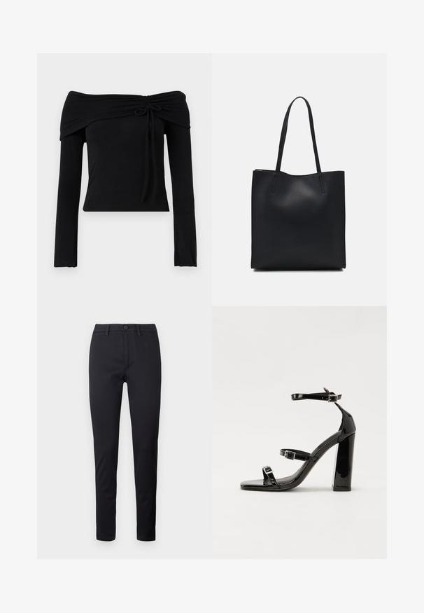 Black off-the-shoulder top with long sleeves, featuring a tie detail at the neckline and a fitted silhouette. Smooth, stretchy fabric.; Black trousers made of smooth fabric, featuring a standard waistband, front pockets, and tapered legs. No visible patterns or accents.; Black patent heeled sandals with a square toe, ankle straps, and silver buckles. Features a chunky block heel for stability.; Black leather tote bag with smooth texture, rectangular shape, and two long handles. No visible hardware or embellishments.