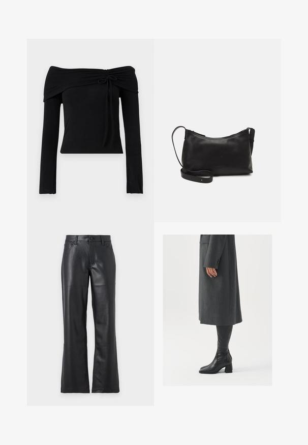 Sort off-shoulder top med lange ærmer, der har et bånddetalje ved halsen og en tætsiddende silhuet. Glat, strækbart stof.; Sorte læderbukser med en flagrende design, der har forlommer, bæltestropper og knaplukning. Glat tekstur med synlige sømme.; Grå, skræddersyet frakke med lige snit; parret med knæhøje sorte læderstøvler med firkantet tå og kraftig hæl.; Sort læder skuldertaske med en glat tekstur, buet form, justerbar rem og lynlås. Minimalistisk design uden udsmykninger.
