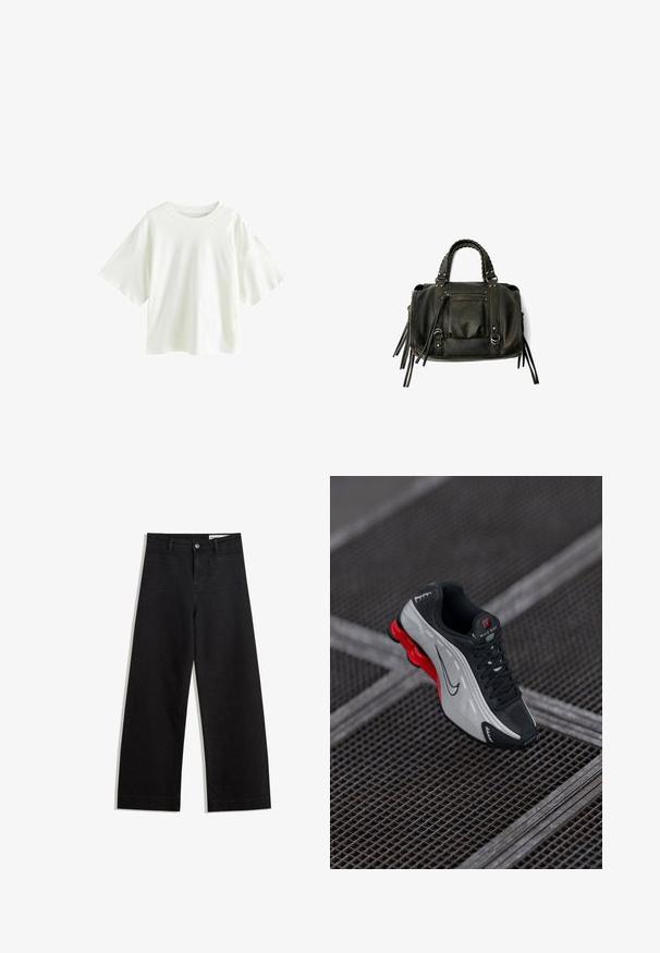 Lagani bijeli majica kratkih rukava od pamučnog materijala. Ima opušteni kroj s okruglim izrezom i spuštenim ramenskim šavovima.; Crne široke traperice s visokim strukom, s prednjim i stražnjim džepovima, šivenim šavovima i kopčanjem na gumb. Glatka tekstura.; Crne i sive atletske tenisice s crvenim jastučićem na potplatu, crnim vezicama i swoosh logotipom, odložene na metalnoj rešetkastoj površini.; Crna kožna torba s pletenim ručkama, džepom na zatvarač i visećim resicama. Teksturirana površina s metalnim zakovicama i hardverskim naglascima.