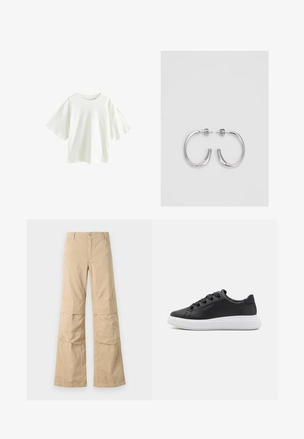 Letthvid, kortærmet T-shirt lavet af bomuld. Har en afslappet pasform med rund halsudskæring og sænkede skuldersømme.; Beige vidde bukser med afslappet pasform, lavet af bomuld, med synlige sømme, forlommer og en knaplukning.; Calvin Klein CUPSOLE LACE UP - Sneakers - black; Sølv hoop øreringe med en glat, skinnende overflade. Rundet form, letvægtsdesign med post-back lukning.
