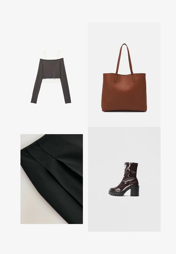Schulterfreies Rippoberteil mit langen Ärmeln, aus dunkelgrauem Material und kontrastierenden hellgrauen Trägern; kurzes Design mit gewellten Kanten.; Schwarzer Rock mit Falten, aus einem glatten Stoff hergestellt. Verfügt über ein klares Design und eine strukturierte Oberfläche, die die Form und Struktur betont.; Glatte bordeauxrote Ankle Boots mit einem klobigen schwarzen Absatz, die eine glatte Oberfläche und ein einfaches Design aufweisen. Keine sichtbaren Verschlüsse oder Muster.; Braune Leder-Tote mit glatter Textur, offenem Oberteil und zwei Schulterriemen. Verfügt über minimale Nähte und keine sichtbaren Beschläge.