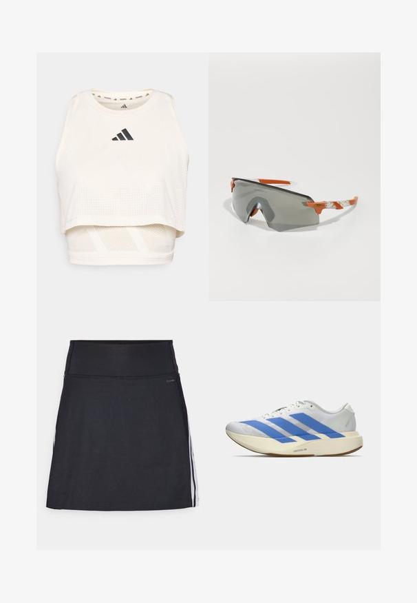 Hvit idretts crop tank topp laget av pustende materiale. Har rund hals, perforert tekstur og en svart logo på fronten.; Svart idrettsshort med bred midjebånd, laget av elastisk stoff. Har hvite side-striper og en glatt, sømløs finish.; Hvit atletisk sko med blå striper, strukturert overdel, flat såle og "LIGHTSTRIKE PRO" merkevare på siden. Lavprofil design.; Sportssolbriller med grå linse, oransje detaljer og mønstrede hvite stenger. Designet for ytelse med en innhyllende form.