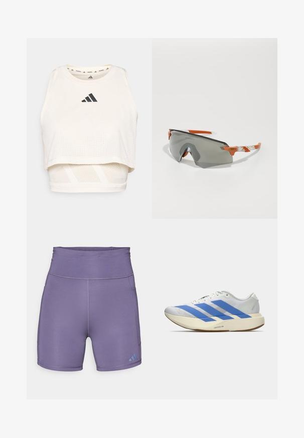 Hvit idretts crop tank topp laget av pustende materiale. Har rund hals, perforert tekstur og en svart logo på fronten.; Lilla treningsshorts med høy midje, glatt tekstur og kontrasterende blå logo nederst til venstre. Har flatlocksømmer.; Hvit atletisk sko med blå striper, strukturert overdel, flat såle og "LIGHTSTRIKE PRO" merkevare på siden. Lavprofil design.; Sportssolbriller med grå linse, oransje detaljer og mønstrede hvite stenger. Designet for ytelse med en innhyllende form.