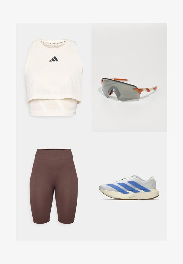 Hvit idretts crop tank topp laget av pustende materiale. Har rund hals, perforert tekstur og en svart logo på fronten.; Brune ribbede sykkelshorts med høy midje, laget av elastisk materiale, med en jevn tekstur og en tettsittende passform.; Hvit atletisk sko med blå striper, strukturert overdel, flat såle og "LIGHTSTRIKE PRO" merkevare på siden. Lavprofil design.; Sportssolbriller med grå linse, oransje detaljer og mønstrede hvite stenger. Designet for ytelse med en innhyllende form.