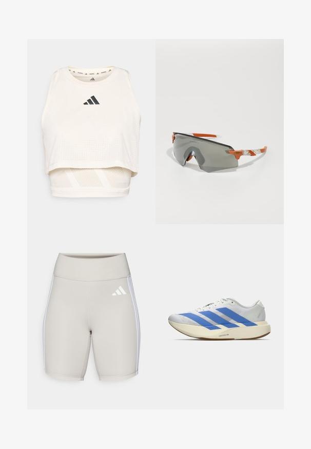 White athletic crop tank top made from breathable fabric. Features a round neckline, perforated texture, and a black logo on the front.; Beige athletic shorts with a high waistband, smooth texture, three white stripes on the sides, and a small white logo on the front.; White athletic shoe with blue stripes, textured upper, flat sole, and "LIGHTSTRIKE PRO" branding on the side. Low-profile design.; Sport sunglasses with a gray lens, orange accents, and patterned white arms. Designed for performance with a wraparound shape.