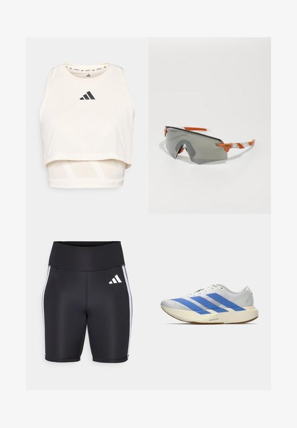 Top corto sportivo bianco realizzato in tessuto traspirante. Presenta un collo rotondo, una texture perforata e un logo nero sulla parte anteriore.; Pantaloni sportivi neri con vita alta, righe bianche sui lati e un piccolo logo bianco. Tessuto morbido con un design aderente.; Scarpa da atletica bianca con strisce blu, tomaia testurizzata, suola piatta e marchio "LIGHTSTRIKE PRO" sul lato. Design a profilo basso.; Occhiali da sole sportivi con lenti grigie, dettagli arancioni e bracci bianchi a motivi. Progettati per le prestazioni con una forma avvolgente.