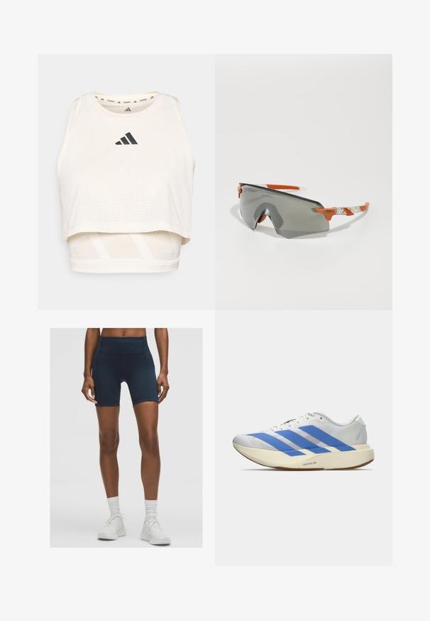Top sportiv scurt alb, realizat dintr-un material respirabil. Dispune de un decolteu rotund, textură perforată și un logo negru pe față.; Shorts atletici bleumarin cu talie înaltă, confecționați dintr-un material elastic, având o textură netedă și detalii de cusătură. Asortați cu adidași albi.; Pantofii sport albi cu dungi albastre, partea superioară texturată, talpăplată și branding "LIGHTSTRIKE PRO" pe lateral. Design cu profil jos.; Ochelari de soare sport cu lentile gri, accente portocalii și brațe albe cu model. Concepuți pentru performanță, cu o formă învăluită.