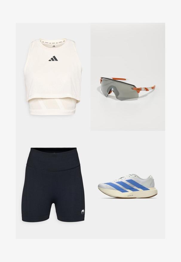 White athletic crop tank top made from breathable fabric. Features a round neckline, perforated texture, and a black logo on the front.; Black athletic shorts with a smooth fabric and mesh side panels. Features a wide waistband and a small logo on the lower leg.; White athletic shoe with blue stripes, textured upper, flat sole, and "LIGHTSTRIKE PRO" branding on the side. Low-profile design.; Sport sunglasses with a gray lens, orange accents, and patterned white arms. Designed for performance with a wraparound shape.