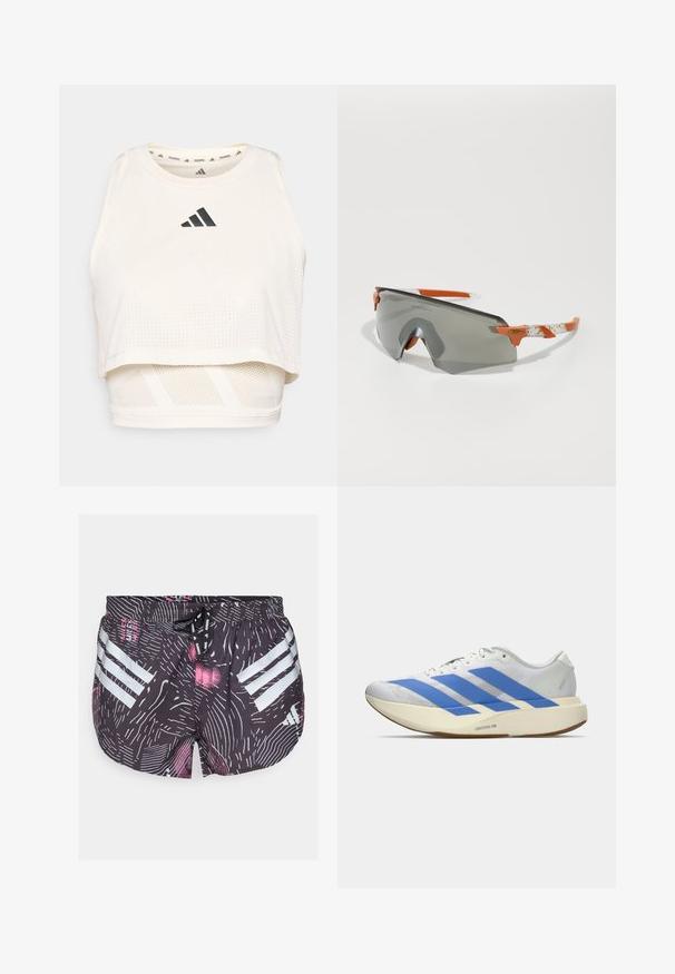 White athletic crop tank top made from breathable fabric. Features a round neckline, perforated texture, and a black logo on the front.; adidas Performance SHORT - Sports shorts - black; White athletic shoe with blue stripes, textured upper, flat sole, and "LIGHTSTRIKE PRO" branding on the side. Low-profile design.; Sport sunglasses with a gray lens, orange accents, and patterned white arms. Designed for performance with a wraparound shape.