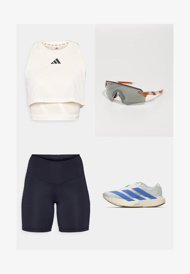 Biely športový crop tank top vyrobený z priedušného materiálu. Obsahuje okrúhly výstrih, perforovanú textúru a čierne logo na prednej strane.; Tmavomodré vysoké šortky z elastickej látky. Vyznačujú sa hladkou textúrou, priliehavým strihom a bočnými vreckami pre praktickosť.; Biele športové tenisky s modrými pruhmi, textúrovaný zvršok, plochá podrážka a branding "LIGHTSTRIKE PRO" po boku. Nízky profil.; Športové slnečné okuliare so šedým sklom, oranžovými akcentmi a vzorovanými bielymi ramenami. Navrhnuté pre výkon s obopínajúcim tvarom.