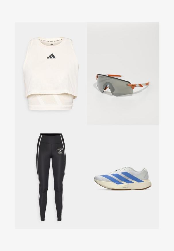 Valge sportlik lühike tanktop, mis on valmistatud hingavast kangast. Omab ümmargust kaelust, perforatsioonidega tekstuuri ja musta logo ees.; Mustad kõrge vöökoht ja valged külgtriibud, ees "Adidas Training Club" logo. Sile ja elastne kangas.; Valge sportlik king, millel on sinised triibud, tekstureeritud ülemine osa, lame tall ja "LIGHTSTRIKE PRO" bränding küljel. Madala profiiliga disain.; Sportlikud prillid, millel on hall üheosaline objektiiv, oranžid aktsendid ja mustrilised valged käepidemed. Kujundatud jõudluse jaoks ümara kuju abil.