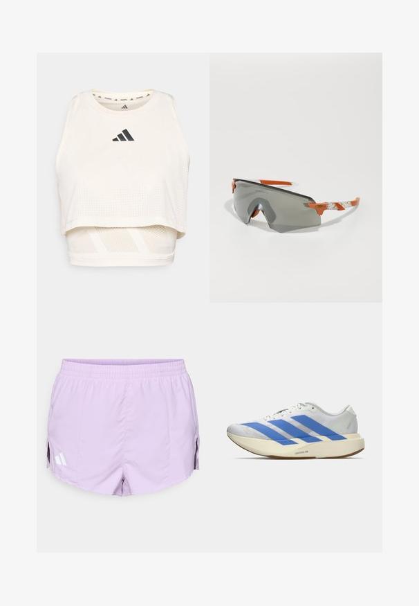 Biely športový crop tank top vyrobený z priedušného materiálu. Obsahuje okrúhly výstrih, perforovanú textúru a čierne logo na prednej strane.; Fialové športové šortky s elastickým pásom, bočnými rozparkami a tromi bielymi pruhmi s logom na ľavej strane. Ľahký, hladký materiál.; Biele športové tenisky s modrými pruhmi, textúrovaný zvršok, plochá podrážka a branding "LIGHTSTRIKE PRO" po boku. Nízky profil.; Športové slnečné okuliare so šedým sklom, oranžovými akcentmi a vzorovanými bielymi ramenami. Navrhnuté pre výkon s obopínajúcim tvarom.