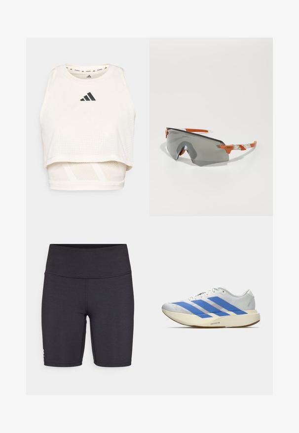 Hvid atletisk crop top lavet af åndbart stof. Har en rund halsudskæring, perforeret tekstur og et sort logo på fronten.; Sorte atletiske shorts lavet af strækbart stof, med en høj talje og flade syninger. Designet til komfort og bevægelighed.; Hvid atletisk sko med blå striber, struktureret overdel, flad sål og "LIGHTSTRIKE PRO" branding på siden. Lavprofil design.; Sports solbriller med grå linse, orange accenter og mønstrede hvide arme. Designet til præstation med en rundt om form.