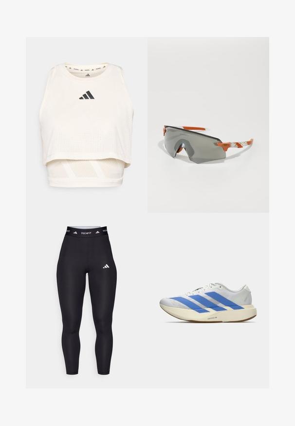Hvid atletisk crop top lavet af åndbart stof. Har en rund halsudskæring, perforeret tekstur og et sort logo på fronten.; Sorte Techfit leggings med høj talje, glat stof, med et hvidt Adidas-logo og branding langs taljen.; Hvid atletisk sko med blå striber, struktureret overdel, flad sål og "LIGHTSTRIKE PRO" branding på siden. Lavprofil design.; Sports solbriller med grå linse, orange accenter og mønstrede hvide arme. Designet til præstation med en rundt om form.