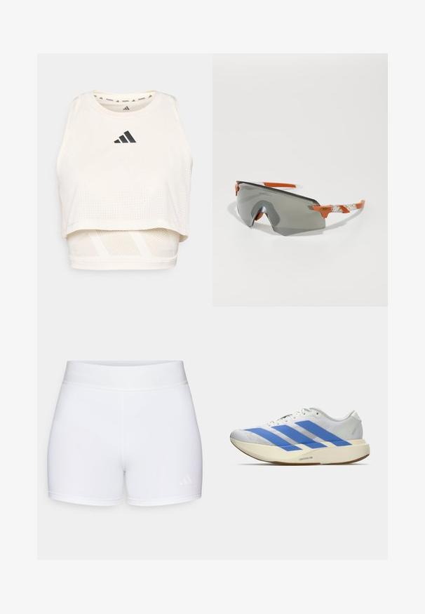 White athletic crop tank top made from breathable fabric. Features a round neckline, perforated texture, and a black logo on the front.; White athletic shorts with a smooth texture, elastic waistband featuring embossed logo, and a minimalist design.; White athletic shoe with blue stripes, textured upper, flat sole, and "LIGHTSTRIKE PRO" branding on the side. Low-profile design.; Sport sunglasses with a gray lens, orange accents, and patterned white arms. Designed for performance with a wraparound shape.