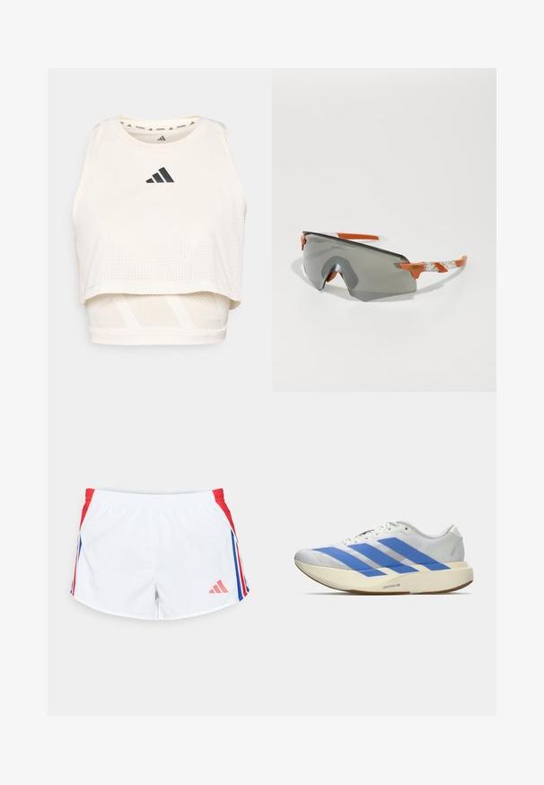 Witte sportieve crop tanktop gemaakt van ademend materiaal. Beschikt over een ronde halslijn, geperforeerde textuur en een zwart logo aan de voorkant.; Witte sportschoenen met rode zijkanten en blauwe strepen. Elastische tailleband en logo aan de linkerbenedenkant. Gladde stoftextuur.; Witte sportschoen met blauwe strepen, geztructureerde bovenkant, platte zool en "LIGHTSTRIKE PRO" branding aan de zijkant. Laag profiel ontwerp.; Sportzonnebril met een grijze lens, oranje accenten en patroon in de witte armen. Ontworpen voor prestaties met een rondlopende vorm.