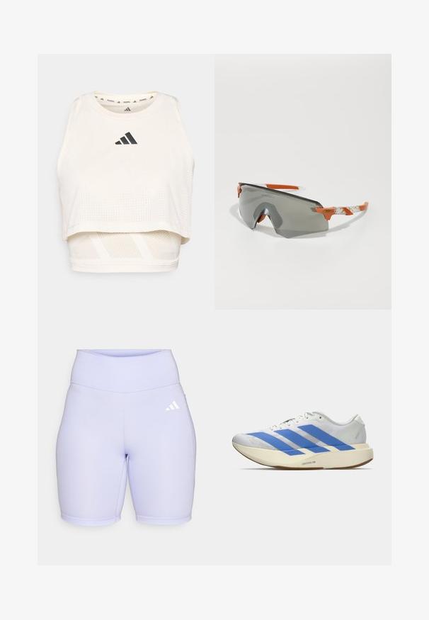 White athletic crop tank top made from breathable fabric. Features a round neckline, perforated texture, and a black logo on the front.; Lilac bike shorts made of smooth, stretchy fabric. High waistband with flat seams and a white Adidas logo on the left side.; White athletic shoe with blue stripes, textured upper, flat sole, and "LIGHTSTRIKE PRO" branding on the side. Low-profile design.; Sport sunglasses with a gray lens, orange accents, and patterned white arms. Designed for performance with a wraparound shape.