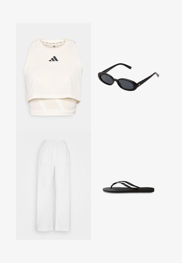 Débardeur court sportif blanc en tissu respirant. Présente un col rond, une texture perforée et un logo noir sur le devant.; Pantalons blancs à jambes larges, confectionnés dans un tissu léger et texturé, avec une taille élastique. Présentent une coupe ample avec des jambes droites et sans poches.; Tongs noires avec une semelle en caoutchouc texturée, deux fines lanières et un détail de logo embossé subtil sur la lanière.; Lunettes de soleil noires surdimensionnées avec des verres ovoïdes, monture en plastique lisse et accents dorés sur les tempes. Les verres sombres offrent une protection contre le soleil.; Montre Casio numérique avec un cadran noir, un bracelet en acier inoxydable argenté, un boîtier rectangulaire et des boutons pour la lumière, le réinitialisation des tours et les réglages de mode.