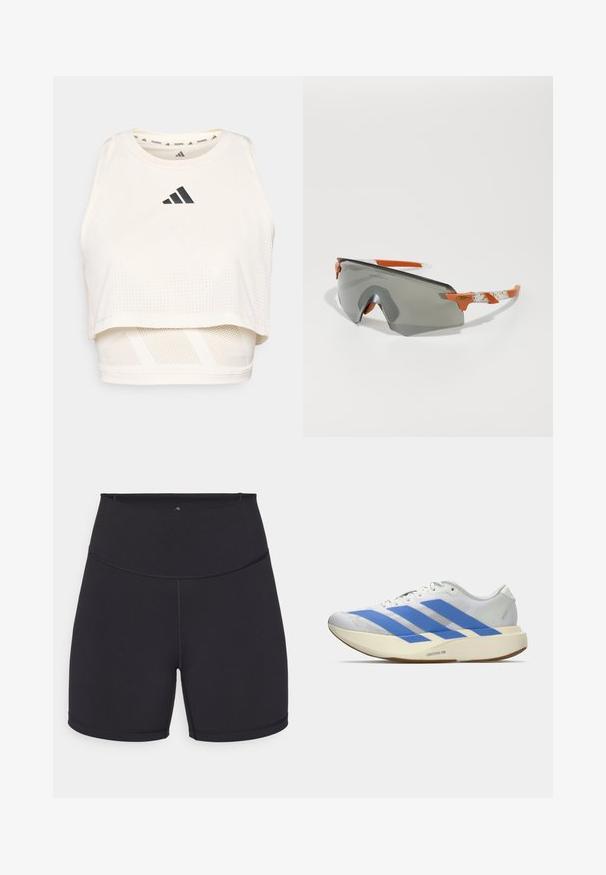 Witte sportieve crop tanktop gemaakt van ademend materiaal. Beschikt over een ronde halslijn, geperforeerde textuur en een zwart logo aan de voorkant.; Zwarte sportshorts gemaakt van rekbaar materiaal. Kenmerken van een hoge tailleband en gladde naden. Geschikt voor actieve kleding en lichaamsbeweging.; Witte sportschoen met blauwe strepen, geztructureerde bovenkant, platte zool en "LIGHTSTRIKE PRO" branding aan de zijkant. Laag profiel ontwerp.; Sportzonnebril met een grijze lens, oranje accenten en patroon in de witte armen. Ontworpen voor prestaties met een rondlopende vorm.