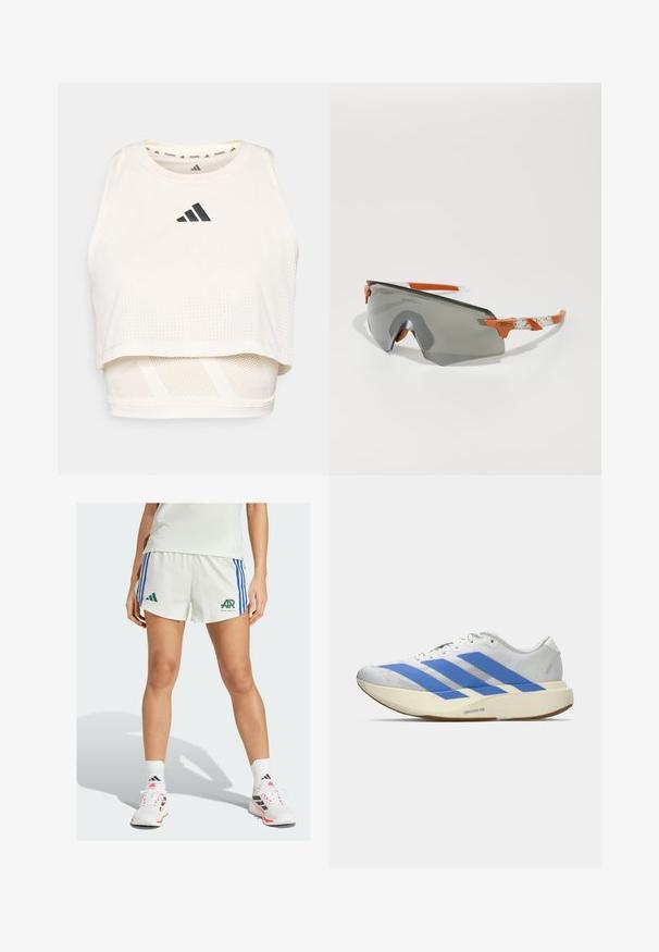 Top sportiv scurt alb, realizat dintr-un material respirabil. Dispune de un decolteu rotund, textură perforată și un logo negru pe față.; Pantaloni scurți albi de sport cu dungi albastre și branding verde. Asociați cu sneakers albi și negri și șosete albe. Design simplu.; Pantofii sport albi cu dungi albastre, partea superioară texturată, talpăplată și branding "LIGHTSTRIKE PRO" pe lateral. Design cu profil jos.; Ochelari de soare sport cu lentile gri, accente portocalii și brațe albe cu model. Concepuți pentru performanță, cu o formă învăluită.