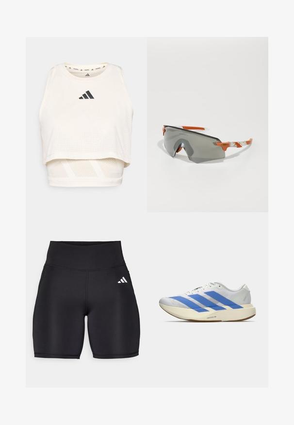 Hvid atletisk crop top lavet af åndbart stof. Har en rund halsudskæring, perforeret tekstur og et sort logo på fronten.; Sorte atletiske shorts lavet af strækbart stof, med en høj talje, en glat tekstur og et hvidt tre-stribe logo på siden.; Hvid atletisk sko med blå striber, struktureret overdel, flad sål og "LIGHTSTRIKE PRO" branding på siden. Lavprofil design.; Sports solbriller med grå linse, orange accenter og mønstrede hvide arme. Designet til præstation med en rundt om form.