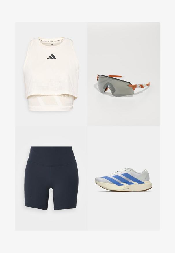 Bela športna kratka trenirka iz zračnega materiala. Ima okroglo izrezano ovratnik, perforirano teksturo in črn logotip spredaj.; Mornarsko modri visoki športni šorti iz elastičnega materiala, s gladko teksturo in kontrastnim šivanjem ob šivih.; Bele atletske čevlje z modrimi črtami, teksturirano zgornje delo, ravno podplat in oznaka "LIGHTSTRIKE PRO" na strani. Nizkoprofilska zasnova.; Športne sončne očala s sivo lečo, oranžnimi detajli in vzorčenimi belimi ročaji. Zasnovana za zmogljivost z ovito obliko.