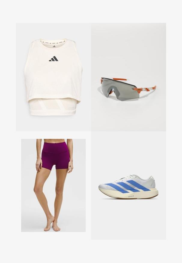 Bílý sportovní crop top vyrobený z prodyšného materiálu. Má kulatý výstřih, perforovanou texturu a černé logo na přední straně.; Vysoké fialové sportovní šortky vyrobené z elastického materiálu, s hladkou texturou a přiléhavým střihem, končícími uprostřed stehna.; Bílé sportovní boty s modrými pruhy, texturovaný svršek, plochá podrážka a branding "LIGHTSTRIKE PRO" na boku. Nízkoprofilový design.; Sportovní sluneční brýle se šedými skly, oranžovými doplňky a vzorovanými bílými rameny. Navrženy pro výkon s obepínajícím tvarem.