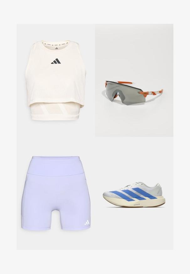 Top corto sportivo bianco realizzato in tessuto traspirante. Presenta un collo rotondo, una texture perforata e un logo nero sulla parte anteriore.; Pantaloni sportivi lilla realizzati in tessuto elasticizzato, con un alto elastico in vita e cuciture laterali, accentuati da un logo bianco sul lato inferiore.; Scarpa da atletica bianca con strisce blu, tomaia testurizzata, suola piatta e marchio "LIGHTSTRIKE PRO" sul lato. Design a profilo basso.; Occhiali da sole sportivi con lenti grigie, dettagli arancioni e bracci bianchi a motivi. Progettati per le prestazioni con una forma avvolgente.