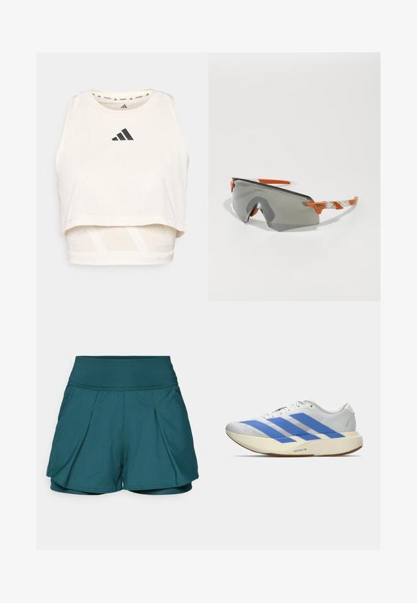 White athletic crop tank top made from breathable fabric. Features a round neckline, perforated texture, and a black logo on the front.; Teal athletic shorts with a high waist, featuring pleats, a smooth texture, and a breathable fabric. Suitable for active wear.; White athletic shoe with blue stripes, textured upper, flat sole, and "LIGHTSTRIKE PRO" branding on the side. Low-profile design.; Sport sunglasses with a gray lens, orange accents, and patterned white arms. Designed for performance with a wraparound shape.