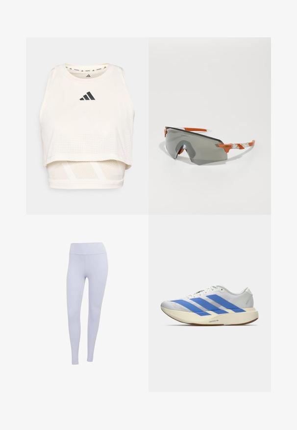 Débardeur court sportif blanc en tissu respirant. Présente un col rond, une texture perforée et un logo noir sur le devant.; Leggings violets clairs en tissu extensible. Conception taille haute avec une texture lisse et sans coutures ni motifs visibles.; Chaussure de sport blanche avec des rayures bleues, dessus texturé, semelle plate et marquage "LIGHTSTRIKE PRO" sur le côté. Design bas.; Lunettes de sport avec un verre gris, des accents orange et des branches blanches à motifs. Conçues pour les performances avec une forme enveloppante.