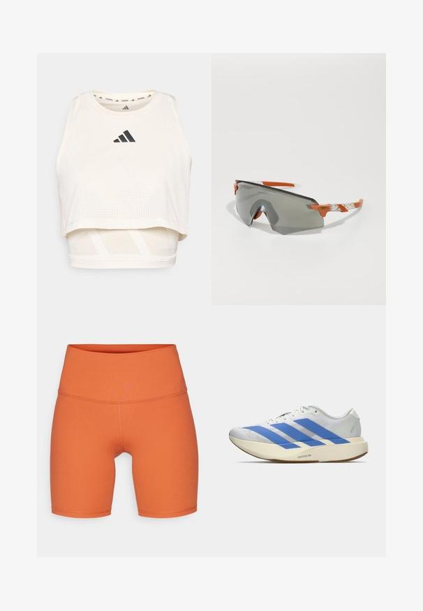 Bela športna kratka trenirka iz zračnega materiala. Ima okroglo izrezano ovratnik, perforirano teksturo in črn logotip spredaj.; Oranžne atletske hlače iz gladkega, elastičnega materiala. Visok pas z všitki ob šivih. Dolžina do sredine stegna.; Bele atletske čevlje z modrimi črtami, teksturirano zgornje delo, ravno podplat in oznaka "LIGHTSTRIKE PRO" na strani. Nizkoprofilska zasnova.; Športne sončne očala s sivo lečo, oranžnimi detajli in vzorčenimi belimi ročaji. Zasnovana za zmogljivost z ovito obliko.
