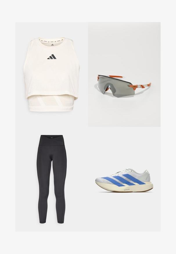 White athletic crop tank top made from breathable fabric. Features a round neckline, perforated texture, and a black logo on the front.; Black high-waisted leggings with a crossover waistband, made from stretchy fabric, featuring a smooth texture and stitched detailing.; White athletic shoe with blue stripes, textured upper, flat sole, and "LIGHTSTRIKE PRO" branding on the side. Low-profile design.; Sport sunglasses with a gray lens, orange accents, and patterned white arms. Designed for performance with a wraparound shape.
