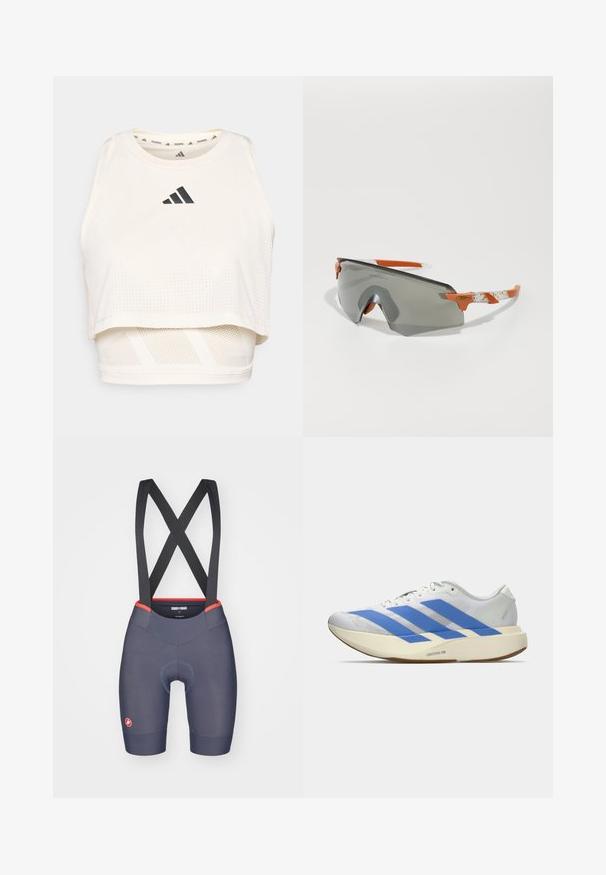 Bela športna kratka trenirka iz zračnega materiala. Ima okroglo izrezano ovratnik, perforirano teksturo in črn logotip spredaj.; Moške kolesarske kratke hlače v temno modri tkanini z rdečimi detajli, ki vključujejo brezšivno blazinico in obliko naramnic, ki se prekrižajo.; Bele atletske čevlje z modrimi črtami, teksturirano zgornje delo, ravno podplat in oznaka "LIGHTSTRIKE PRO" na strani. Nizkoprofilska zasnova.; Športne sončne očala s sivo lečo, oranžnimi detajli in vzorčenimi belimi ročaji. Zasnovana za zmogljivost z ovito obliko.