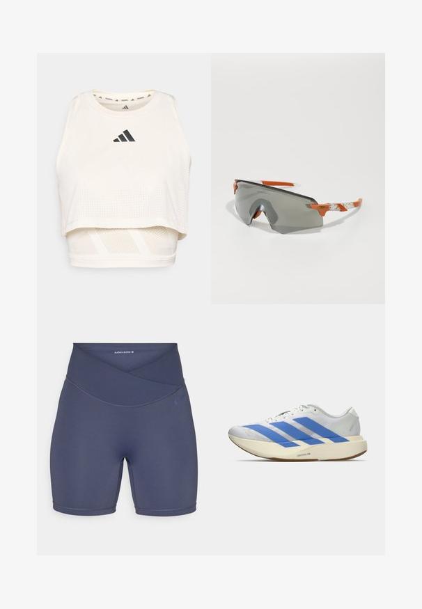 Top corto sportivo bianco realizzato in tessuto traspirante. Presenta un collo rotondo, una texture perforata e un logo nero sulla parte anteriore.; Pantaloni shorts a vita alta blu navy realizzati in tessuto elasticizzato, con un design della fascia incrociato e cuciture piatte per il massimo comfort.; Scarpa da atletica bianca con strisce blu, tomaia testurizzata, suola piatta e marchio "LIGHTSTRIKE PRO" sul lato. Design a profilo basso.; Occhiali da sole sportivi con lenti grigie, dettagli arancioni e bracci bianchi a motivi. Progettati per le prestazioni con una forma avvolgente.