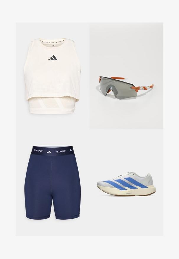 Witte sportieve crop tanktop gemaakt van ademend materiaal. Beschikt over een ronde halslijn, geperforeerde textuur en een zwart logo aan de voorkant.; Marineblauwe sportshorts met een gladde textuur, elastische tailleband met "TECHFIT" en logo met drie strepen, nauwsluitend ontwerp, minimale naden.; Witte sportschoen met blauwe strepen, geztructureerde bovenkant, platte zool en "LIGHTSTRIKE PRO" branding aan de zijkant. Laag profiel ontwerp.; Sportzonnebril met een grijze lens, oranje accenten en patroon in de witte armen. Ontworpen voor prestaties met een rondlopende vorm.
