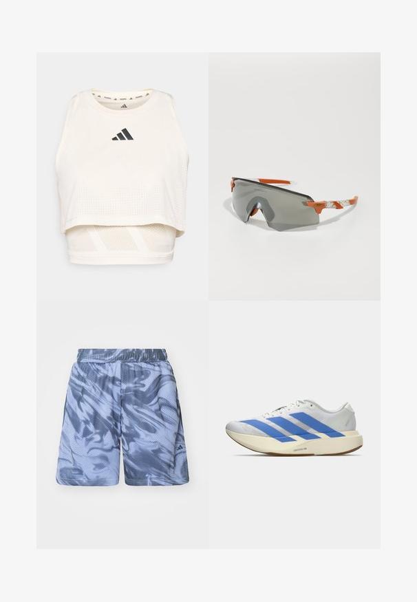 Balts sportisks uzgrieztais t-krekls, kas izgatavots no elpojoša auduma. Tam ir apaļš kakla izgriezums, caurspīdīga tekstūra un melna logo priekšpusē.; adidas Performance SELECT SHORT - Sporta šorti - blue spark/preloved ink; Baltas sporta apavi ar ziliem svītrām, teksturēta virsma, plakans zole un "LIGHTSTRIKE PRO" logo sānos. Zema profila dizains.; Sporta saulesbrilles ar pelēkiem stikliem, oranžiem akcentiem un rakstainām baltām kājām. Izstrādātas veiktspējai ar apņemjo formu.