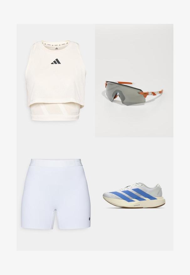 Fehér sportos crop tank top lélegző anyagból. Kerek nyakú, perforált textúrájú, és fekete logó található elöl.; Fehér rövidnadrág sima, rugalmas anyagból. Jellemzője egy egyszínű derékpánt, amelynek felszínén domború szöveg található, és egy kis logó az alsó oldalon.; Fehér sportcipő kék csíkkal, textúrált felső résszel, lapos talppal és "LIGHTSTRIKE PRO" felirattal az oldalon. Alacsony profilú dizájn.; Sport napszemüveg szürke lencsével, narancssárga részletekkel és mintázott fehér szárakkal. Teljesítményre tervezve, körbeölelő formával.