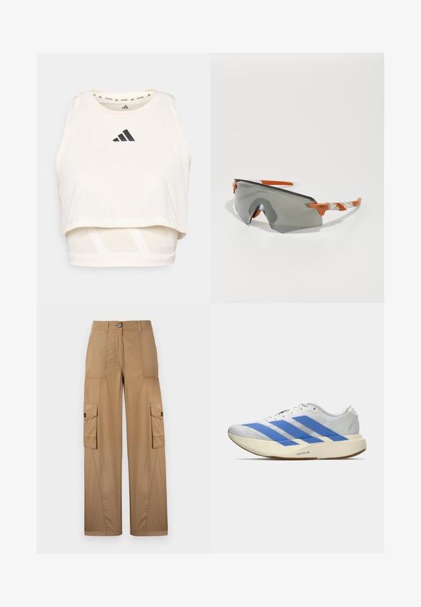 White athletic crop tank top made from breathable fabric. Features a round neckline, perforated texture, and a black logo on the front.; Khaki cargo pants with wide legs, feature two side pockets, a button closure, and a smooth, durable fabric texture.; White athletic shoe with blue stripes, textured upper, flat sole, and "LIGHTSTRIKE PRO" branding on the side. Low-profile design.; Sport sunglasses with a gray lens, orange accents, and patterned white arms. Designed for performance with a wraparound shape.