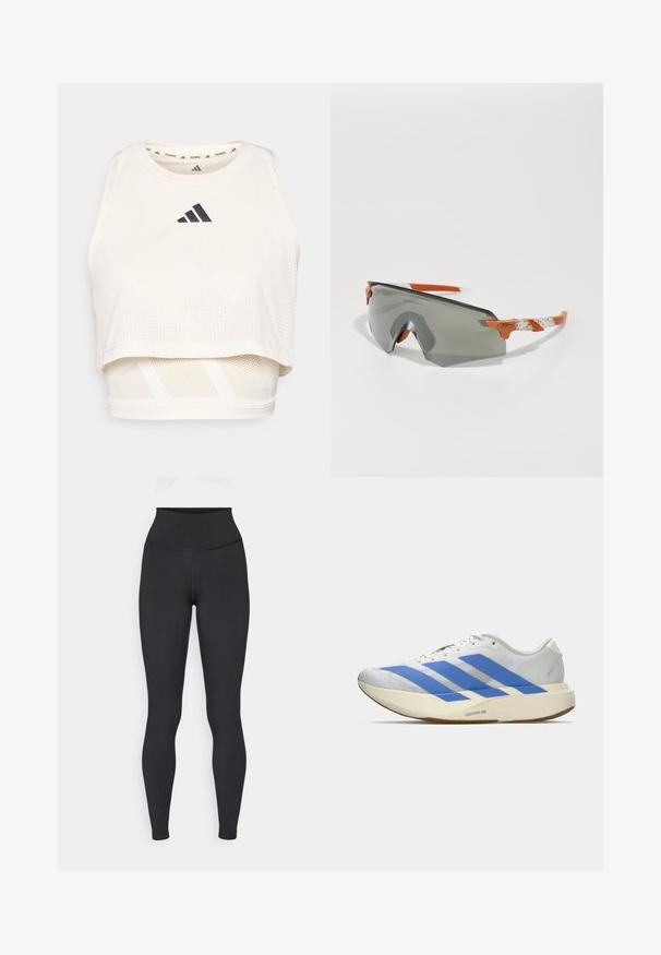 Bela športna kratka trenirka iz zračnega materiala. Ima okroglo izrezano ovratnik, perforirano teksturo in črn logotip spredaj.; Črne legice z visokim pasom, narejene iz razteznega materiala, z gladko teksturo in prilegajočim dizajnom, brez vidnih logotipov ali vzorcev.; Bele atletske čevlje z modrimi črtami, teksturirano zgornje delo, ravno podplat in oznaka "LIGHTSTRIKE PRO" na strani. Nizkoprofilska zasnova.; Športne sončne očala s sivo lečo, oranžnimi detajli in vzorčenimi belimi ročaji. Zasnovana za zmogljivost z ovito obliko.
